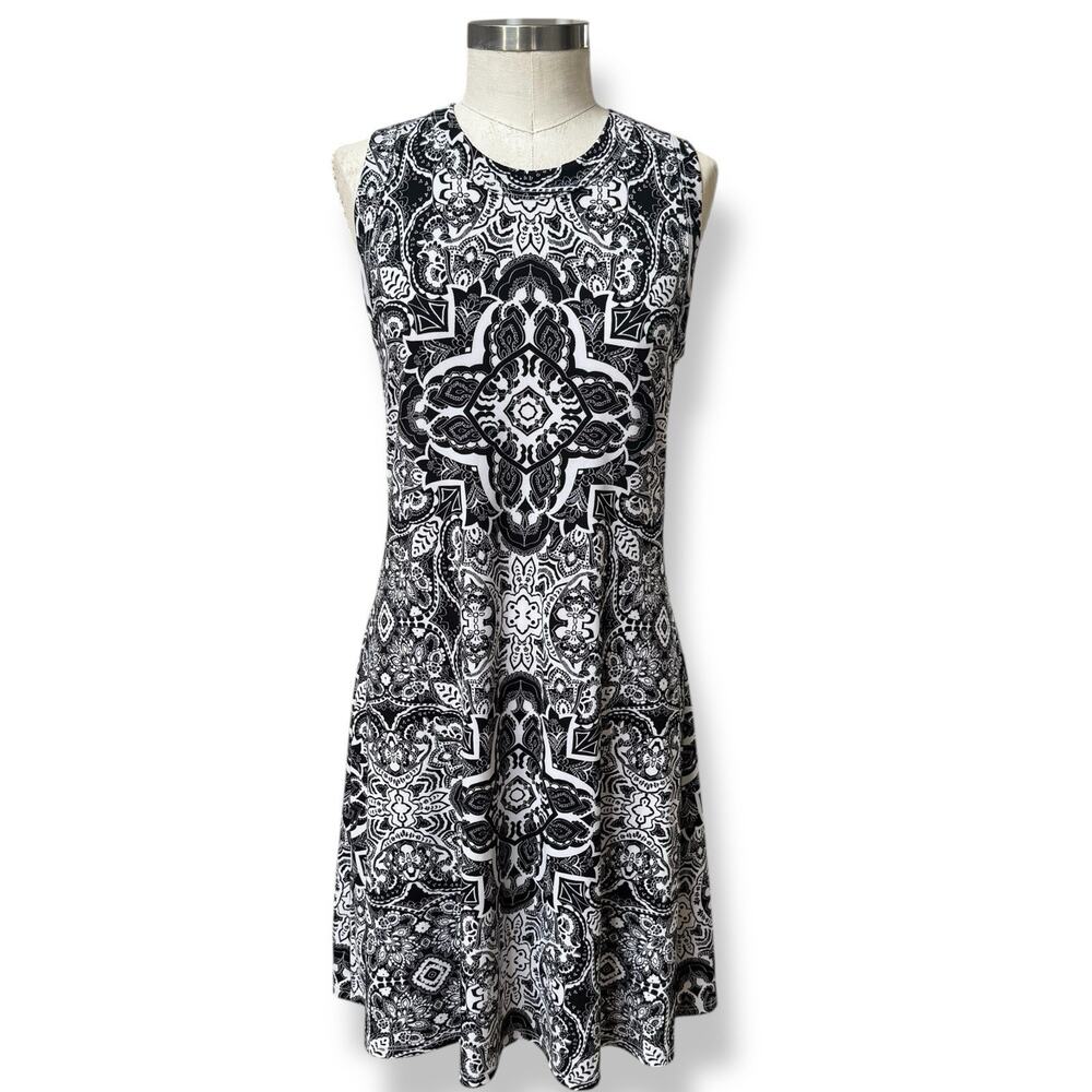 Karen Kane A Line Knit Dress Womens M Black White Beach Summer Casual Lined Boho